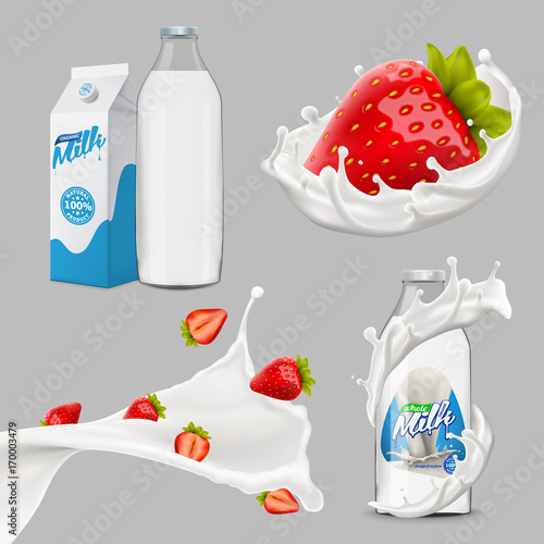 whole milk big set, pouring and splashing 3d vector realistic illustration, diary product design elements