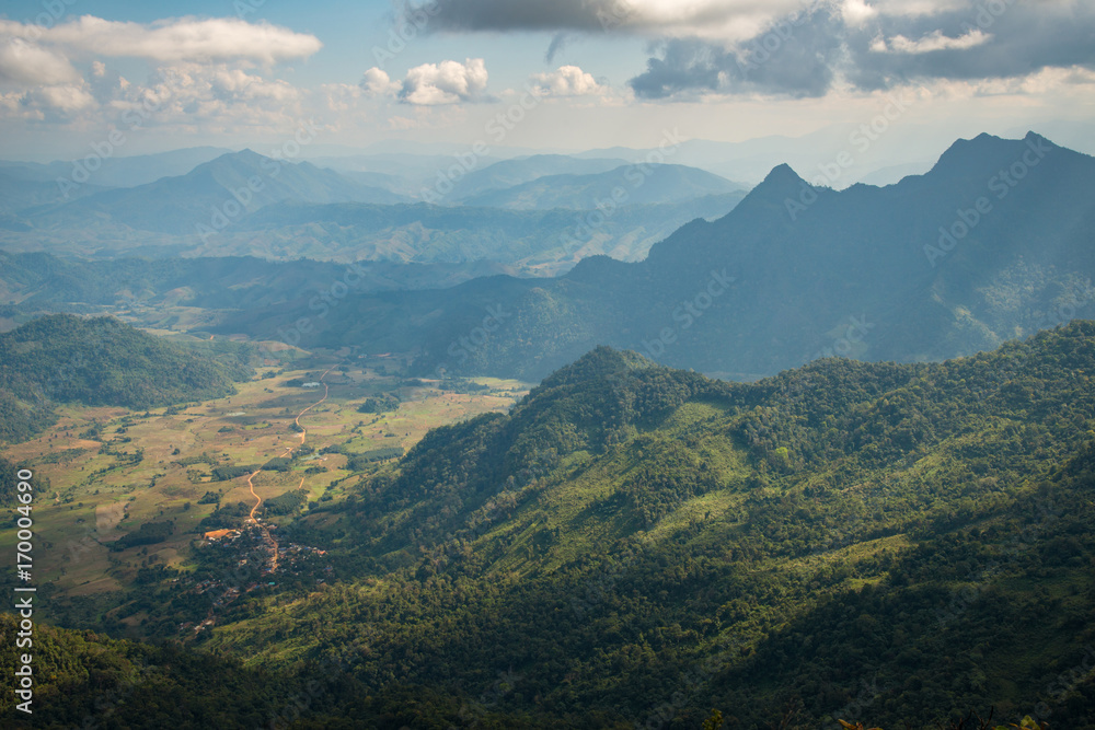 The beautiful scenery of the mountains range between the border of Thai and Laos.