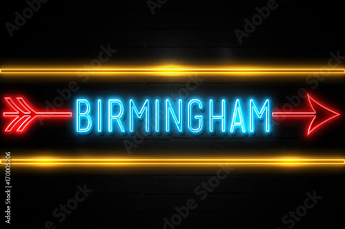 Birmingham  - fluorescent Neon Sign on brickwall Front view