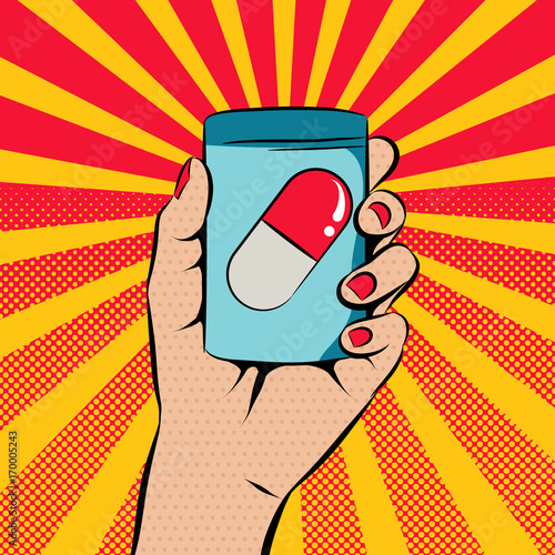 Hand holding medicine bottle in pop art style