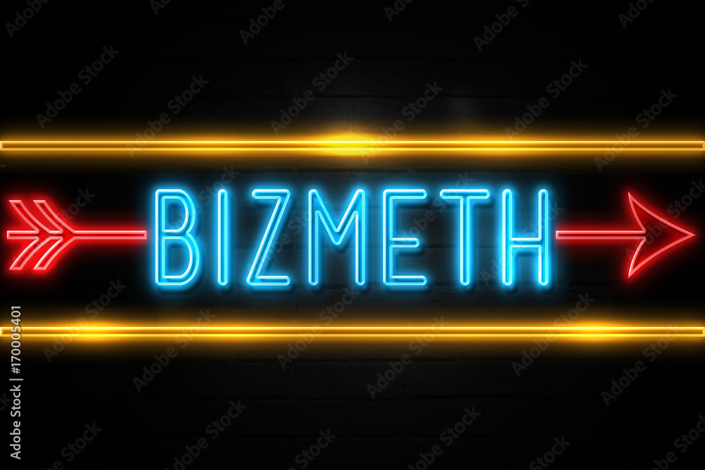 Bizmeth - fluorescent Neon Sign on brickwall Front view Bizmeth - fluorescent Neon Sign on brickwall Front view