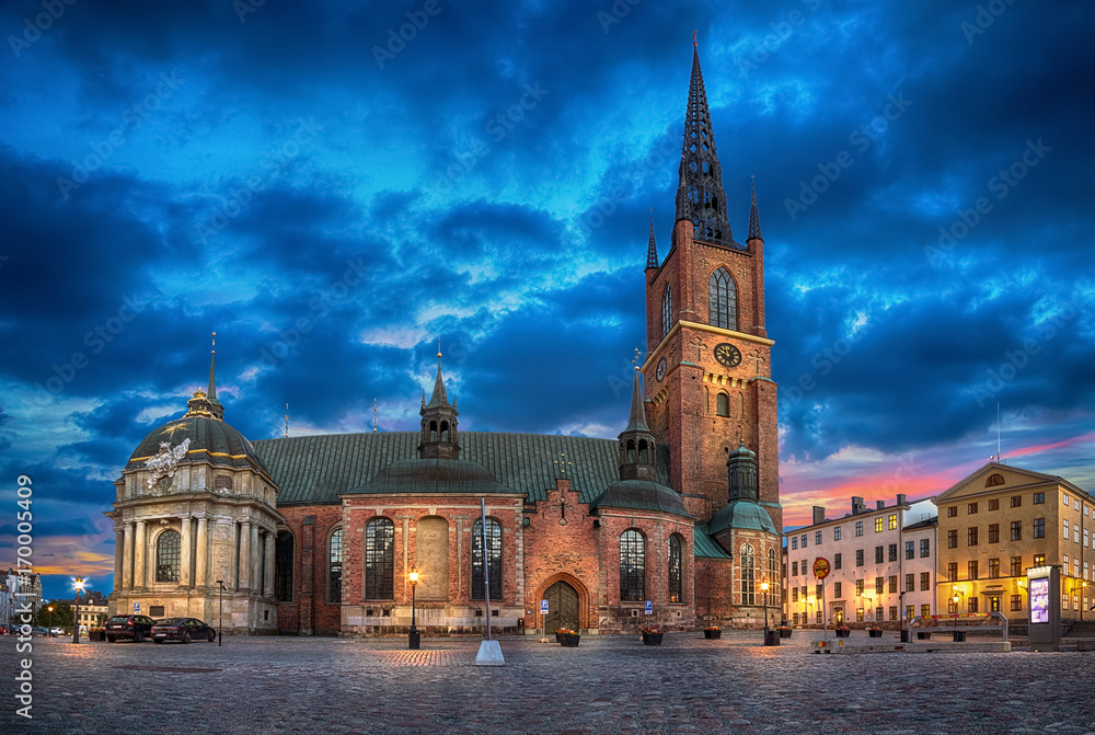 Naklejka premium HDR image of Riddarholmen Church at dusk located in Old Town (Gamla Stan) of Stockholm, Sweden