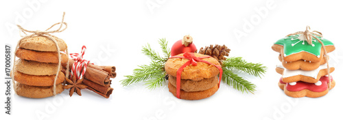 Delicious Christmas cookies on white background