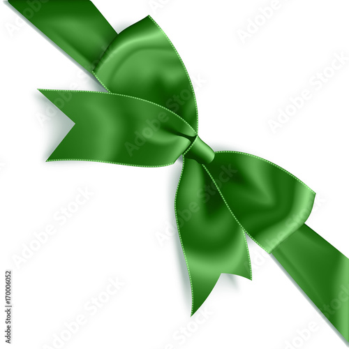 Realistic satin green bow knot on ribbon. Vector illustration icon isolated on white.
