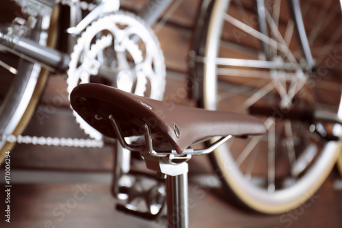 Closeup view of bicycle seat in shop