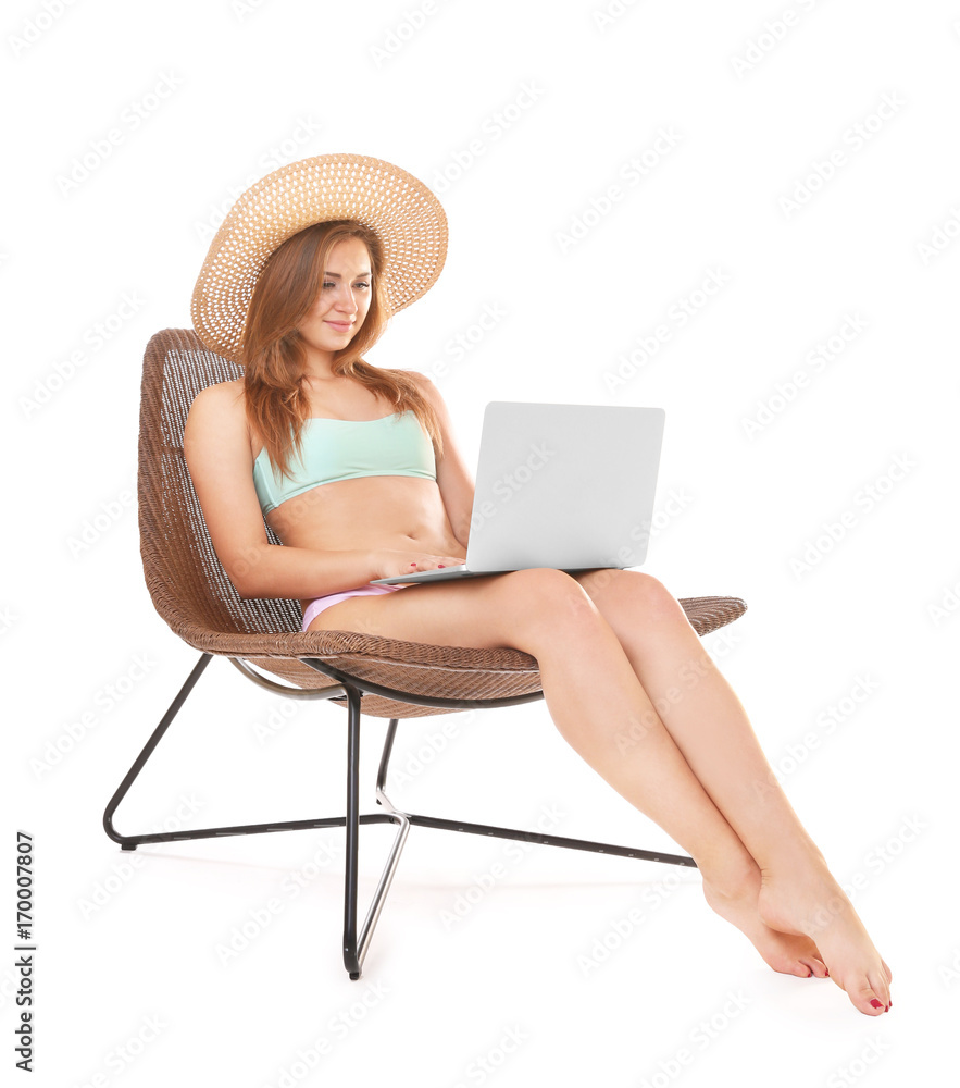Beautiful young woman working with laptop on white background Beautiful young woman working with laptop on white background