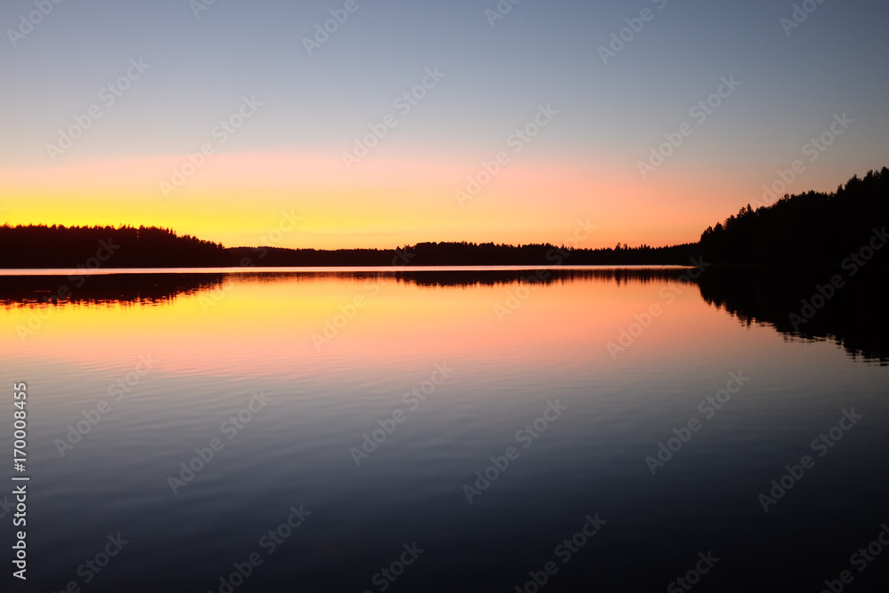 Beautiful lake view at sunset in august. Finland.