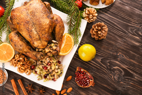 Photography Roasted turkey with stuffing served on holiday table