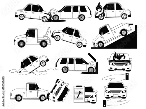 Car crash and accidents on the road icons