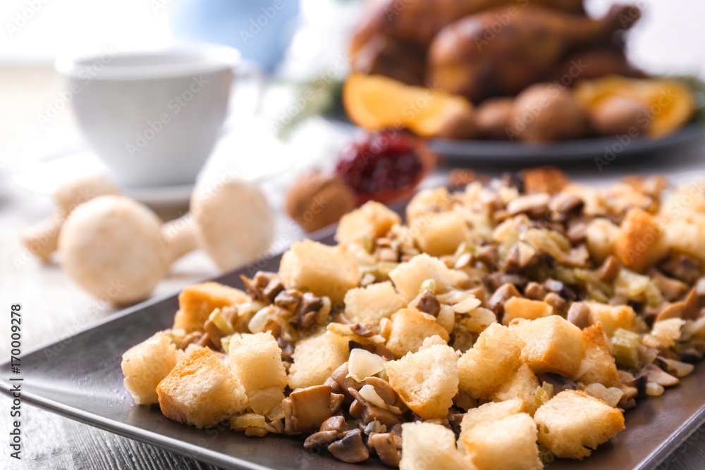 Turkey stuffing on plate in kitchen