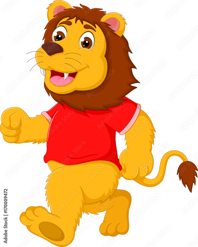 Fototapeta premium funny lion cartoon run with smile