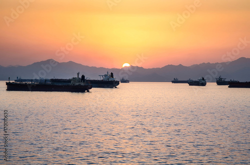 Ships on the ancorage near the coast of Oman