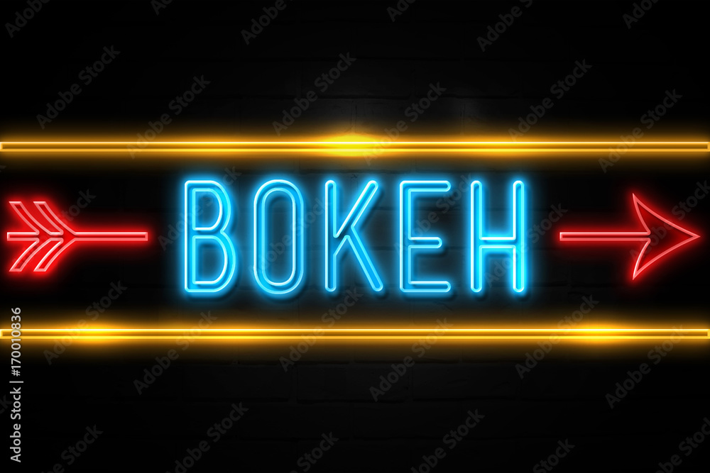 Bokeh - fluorescent Neon Sign on brickwall Front view Bokeh - fluorescent Neon Sign on brickwall Front view
