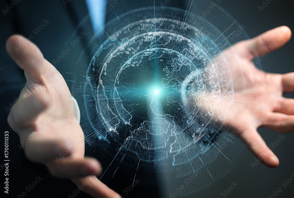Flying earth network interface activated by businessman 3D rendering Flying earth network interface activated by businessman 3D rendering