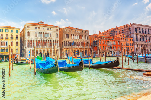 Views of the most beautiful canal of Venice - Grand Canal water streets  boats  gondolas  mansions along. Italy.