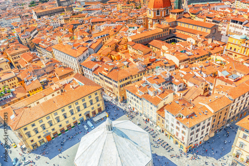 Beautiful landscape above urban and historical view of the Florence from Giotto's Belltower (Campanile di Giotto).Baptistery of San Giovanni. Italy.