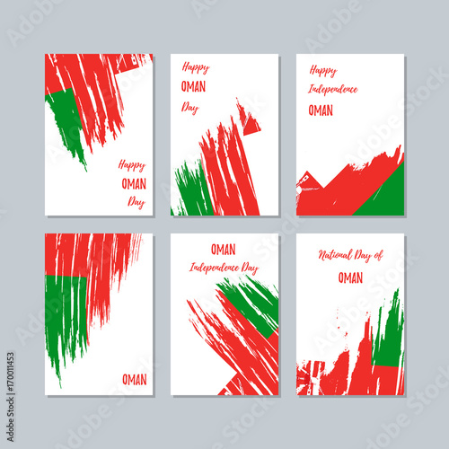 Oman Patriotic Cards for National Day. Expressive Brush Stroke in National Flag Colors on white card background. Oman Patriotic Vector Greeting Card.