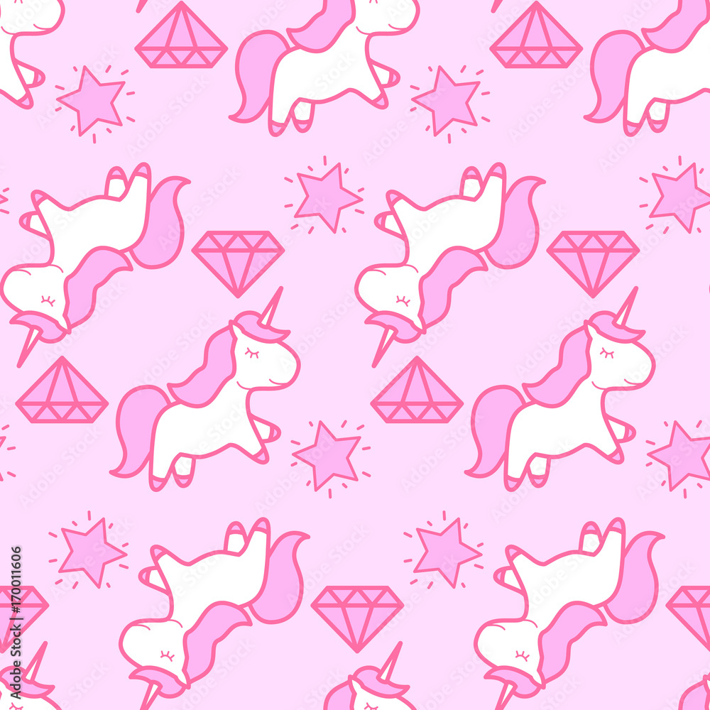 Cute pink unicorn with diamonds and stars. Seamless pattern. Cartoon vector illustration