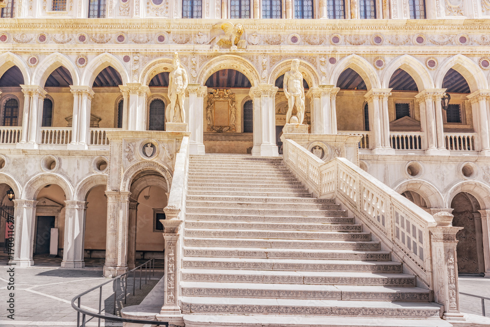 Stairs in Patio of St. Mark's Cathedral (Basilica di San Marcos)and the Doge's Palace (Palazzo Ducale). Italy.