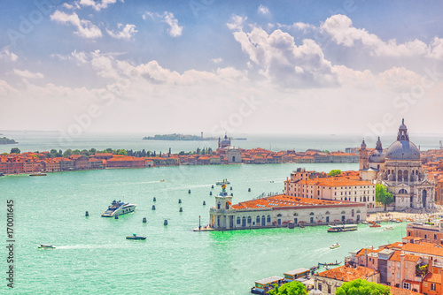 Panoramic view of Venice from the Campanile tower of St. Mark's Cathedral.Temple San Giorgio Maggiore (Chiesa di San Giorgio Maggiore), located on island of Giudecca. Italy. photo