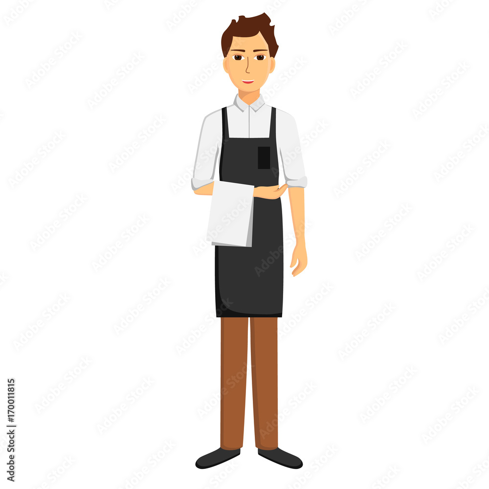 Waiter in apron isolated on white background. Vector illustration