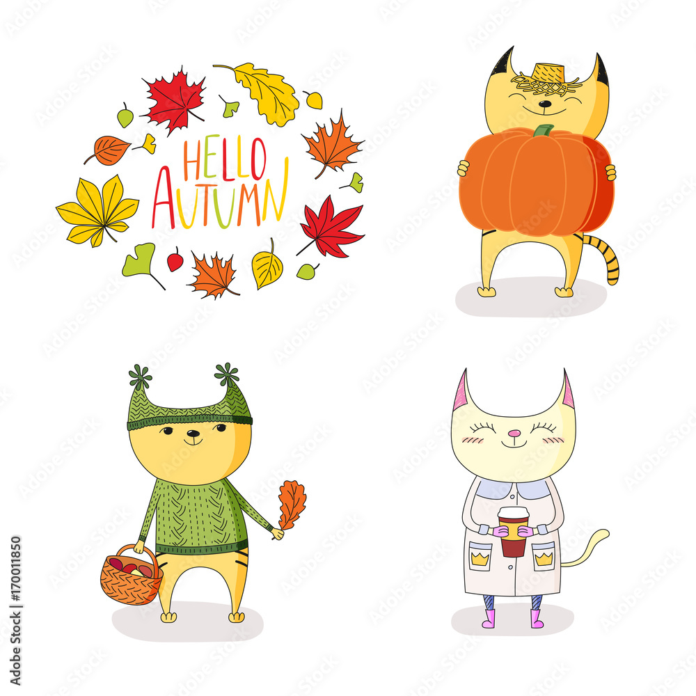 Φωτογραφία Hand drawn vector illustration of cute cats, with paper cup, basket with mushrooms, pumpkin, with wreath of leaves and text Hello Autumn