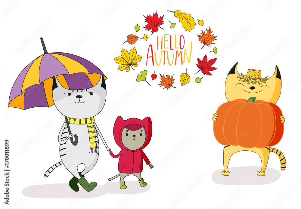 Hand drawn vector illustration of cute cats, with umbrella, in rain coat, with big pumpkin, with wreath of leaves and text Hello Autumn.