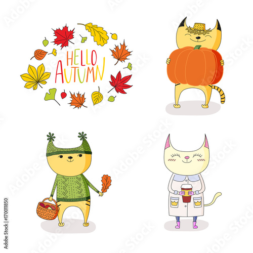 Hand drawn vector illustration of cute cats, with paper cup, basket with mushrooms, pumpkin, with wreath of leaves and text Hello Autumn.