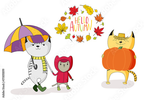 Hand drawn vector illustration of cute cats, with umbrella, in rain coat, with big pumpkin, with wreath of leaves and text Hello Autumn.
