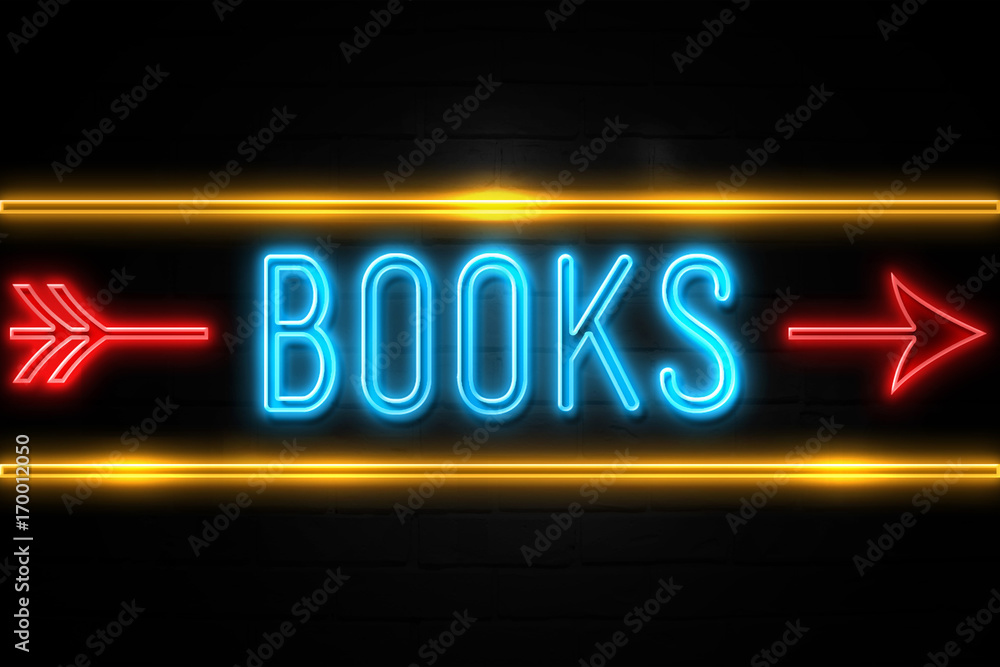 Books - fluorescent Neon Sign on brickwall Front view Books - fluorescent Neon Sign on brickwall Front view