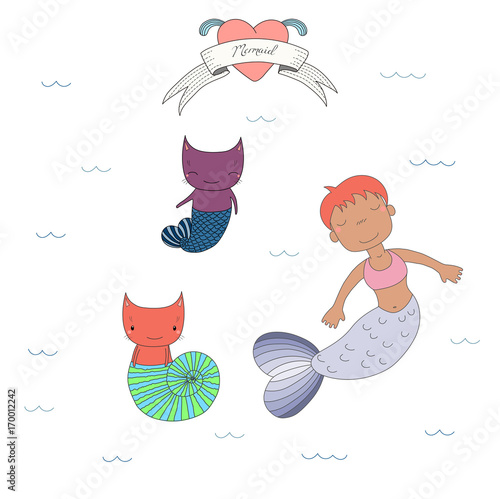 Hand drawn vector illustration of a cute tanned mermaid girl and two cats with fish tail and in a sea shell, under water, heart and text. photo