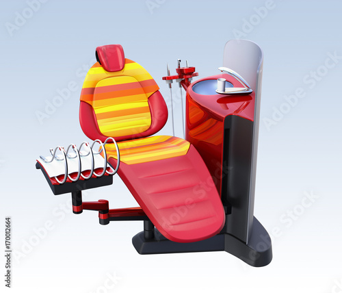 Metallic red dental unit equipment with colorful chair, frosted glass partition. 3D rendering image in original design.  photo