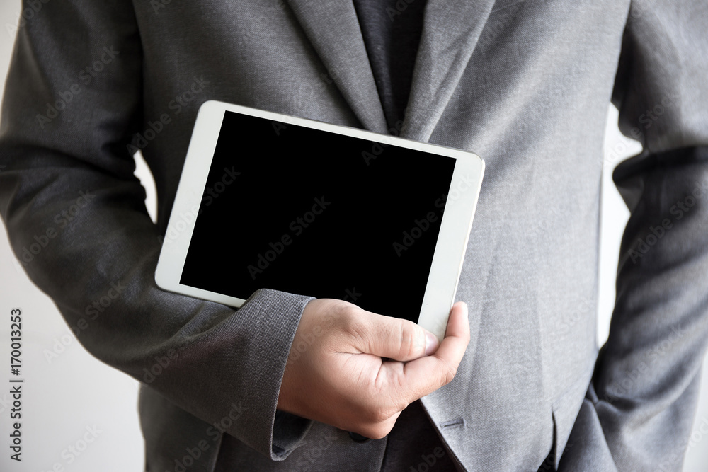 businessman working Happy holding smart phone and smiling. Looking phone and copy space businessman working Happy holding smart phone and smiling. Looking phone and copy space