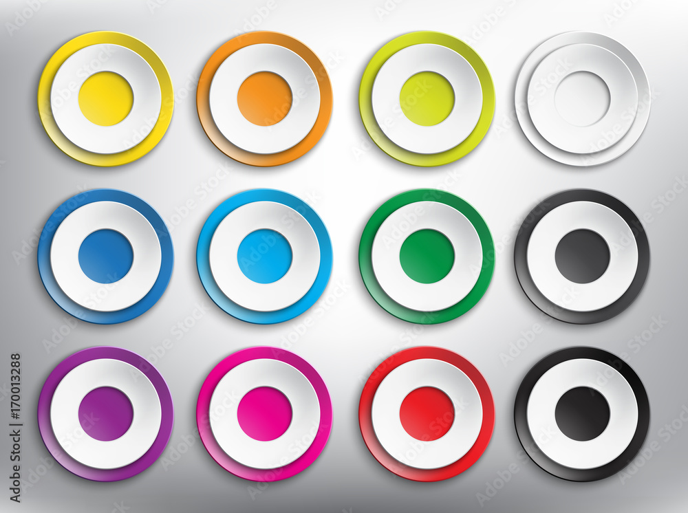 Abstract vector web buttons set of 12. Set of blank colorful and round paper buttons for your website or app. Isolated on the white background. Vector illustration. Eps10. Abstract vector web buttons set of 12. Set of blank colorful and round paper buttons for your website or app. Isolated on the white background. Vector illustration. Eps10.