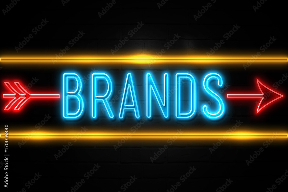 Brands - fluorescent Neon Sign on brickwall Front view Brands - fluorescent Neon Sign on brickwall Front view