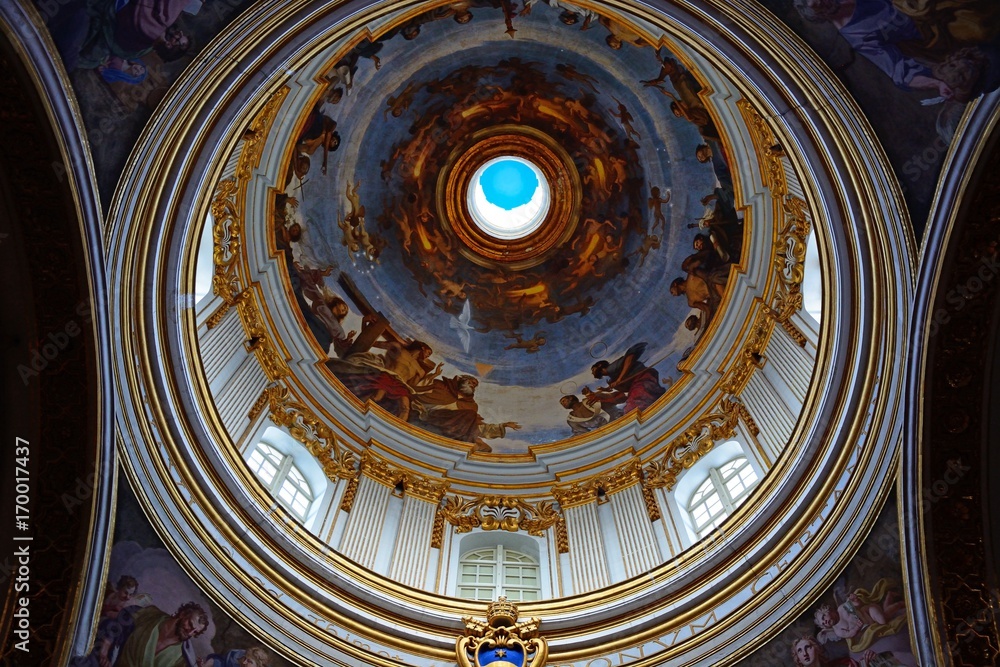 Dome showing a crucifixion scene inside St Pauls Cathedral also known as Mdina Cathedral, Mdina, Malta.