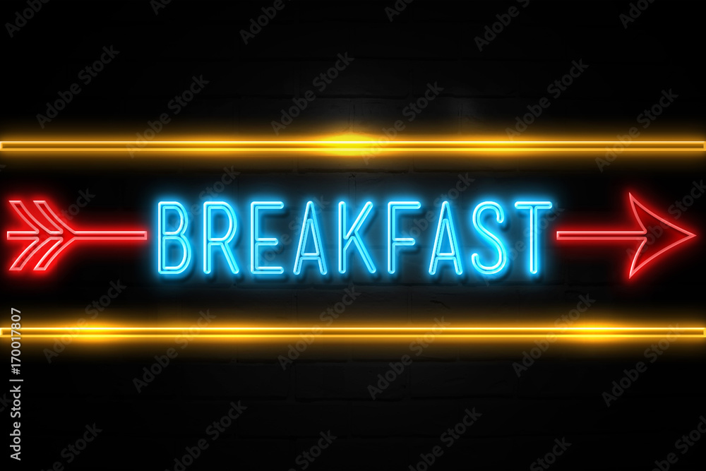 Breakfast  - fluorescent Neon Sign on brickwall Front view