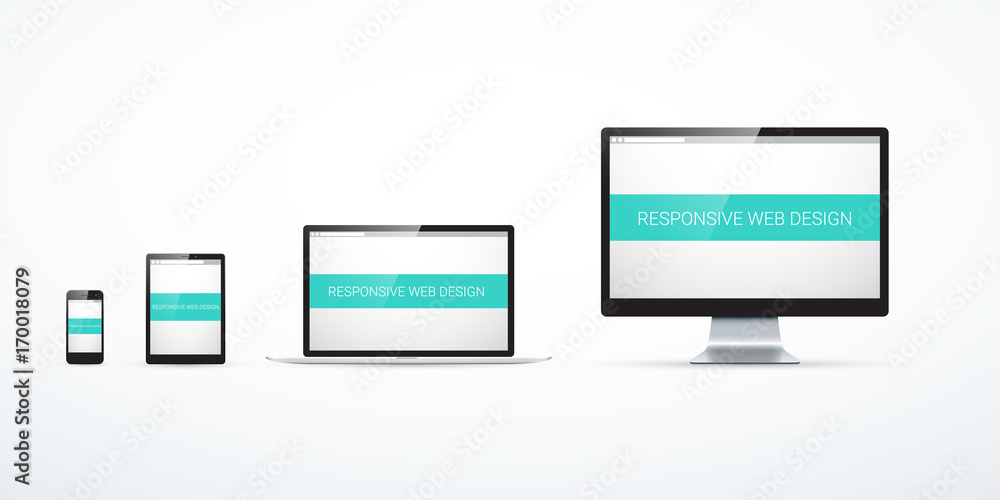 Concept of responsive web design. Set of smart phone, tablet, laptop and computer monitor Concept of responsive web design. Set of smart phone, tablet, laptop and computer monitor