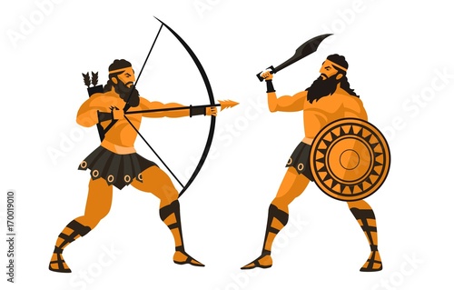 orange and black ceramic greek figures archer fighting an sword man