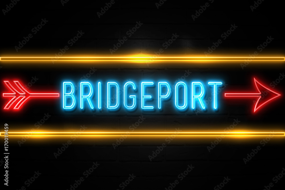 Bridgeport - fluorescent Neon Sign on brickwall Front view Bridgeport - fluorescent Neon Sign on brickwall Front view