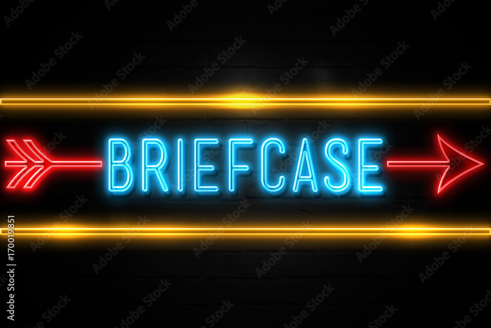 Briefcase - fluorescent Neon Sign on brickwall Front view Briefcase - fluorescent Neon Sign on brickwall Front view