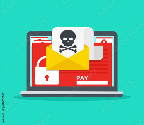 Letter on laptop with malware. Hacker attack, virus - extortionist, email fraud, encrypted files. Concept of security on Internet.