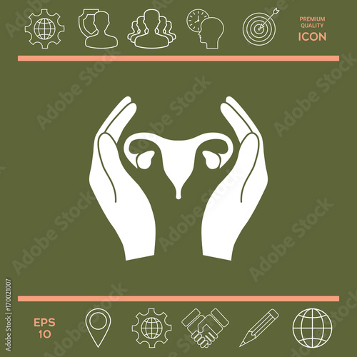Hands holding Female uterus - protection icon