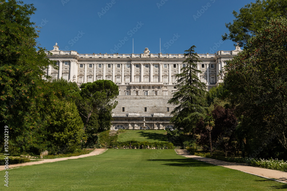 Royal Palace of Madrid seen from the gardens of the Campo del Moro in Madrid