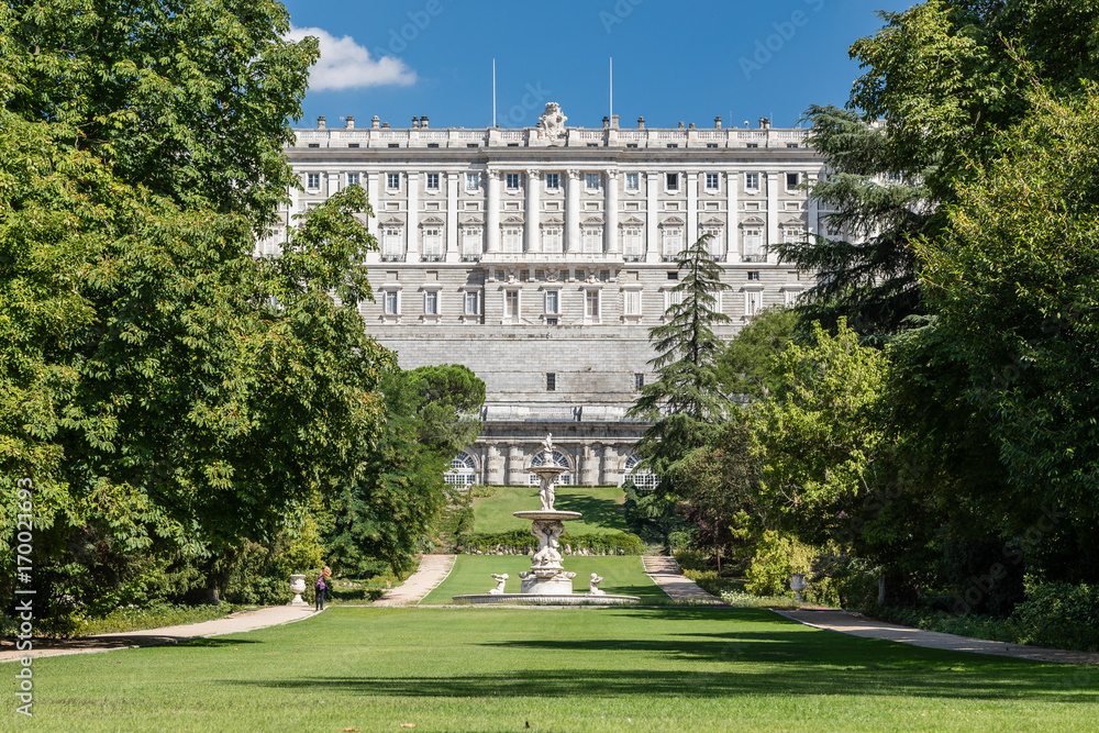Royal Palace of Madrid seen from the gardens of the Campo del Moro in Madrid