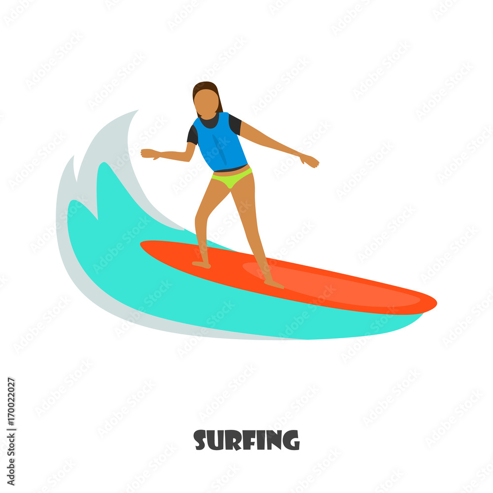 Surfing girl color illustration isolated on white Surfing girl color illustration isolated on white