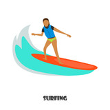 Surfing girl color illustration isolated on white