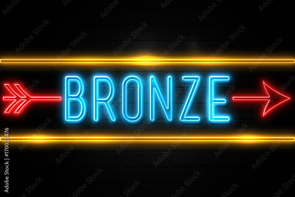 Bronze  - fluorescent Neon Sign on brickwall Front view