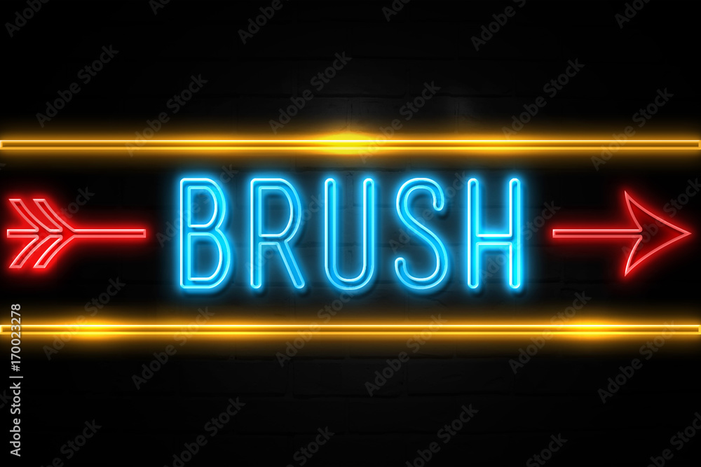 Brush  - fluorescent Neon Sign on brickwall Front view