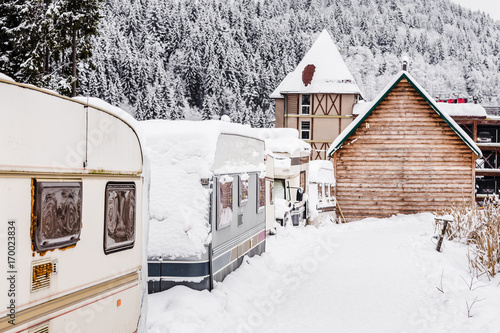 car camping winter in the snow, in the ski resort Bukovel.